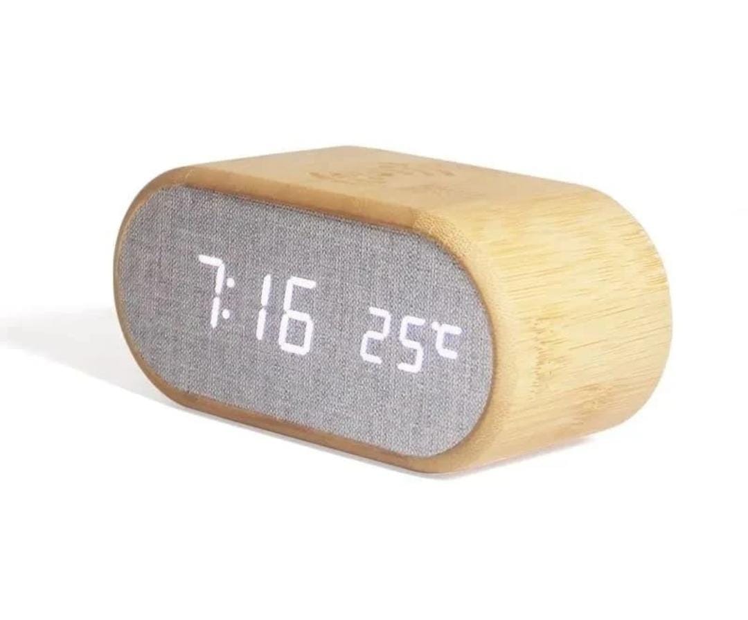 Wooden Digital Alarm Clock with wireless charging display, LED temperature, time & humidity display