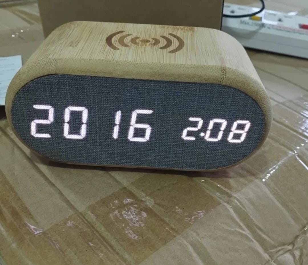 Wooden Digital Alarm Clock with wireless charging display, LED temperature, time & humidity display