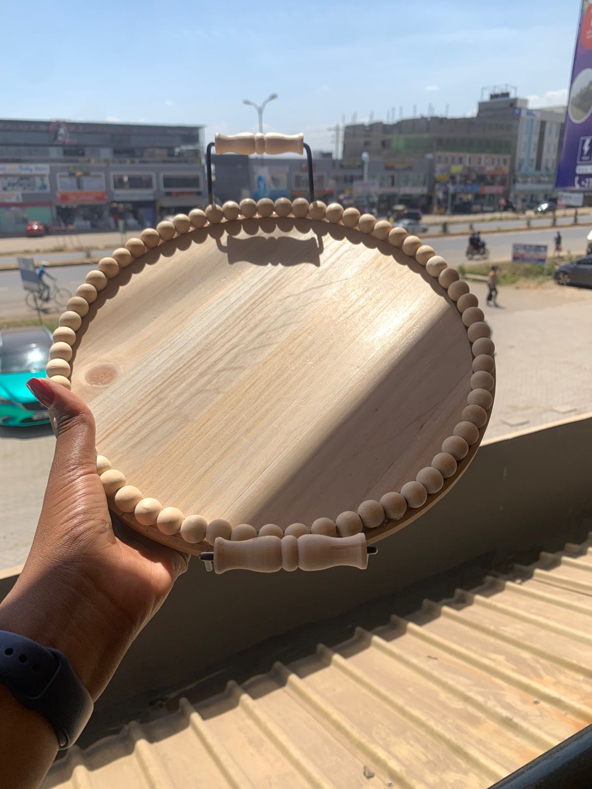 Rustic Wooden Round Beaded Tray