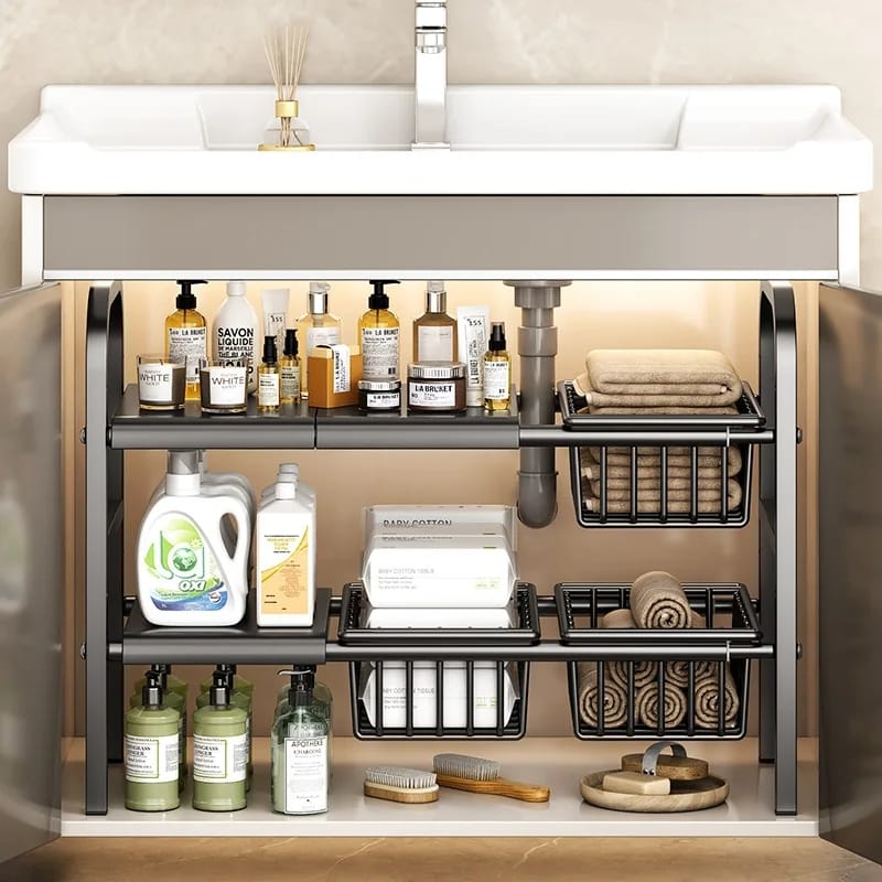 Under the sink adjustable 2 tier rack
