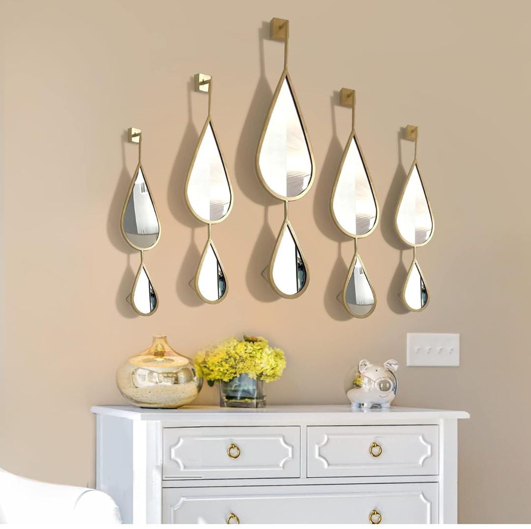 OUSHUAI Set of 5 Gold Teardrop Shaped Wall Mirrors for Living Room, Entryway, Hallway, Staircase, Fireplace