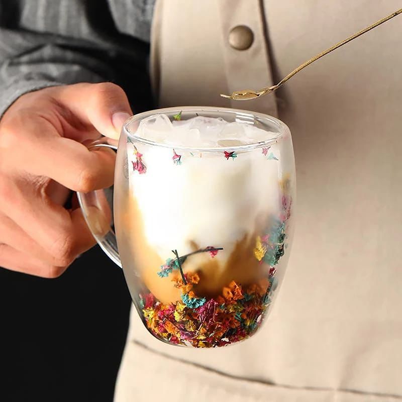 Insulated Double Wall Glass Cup Dried Flower Coffee Cup with Handle