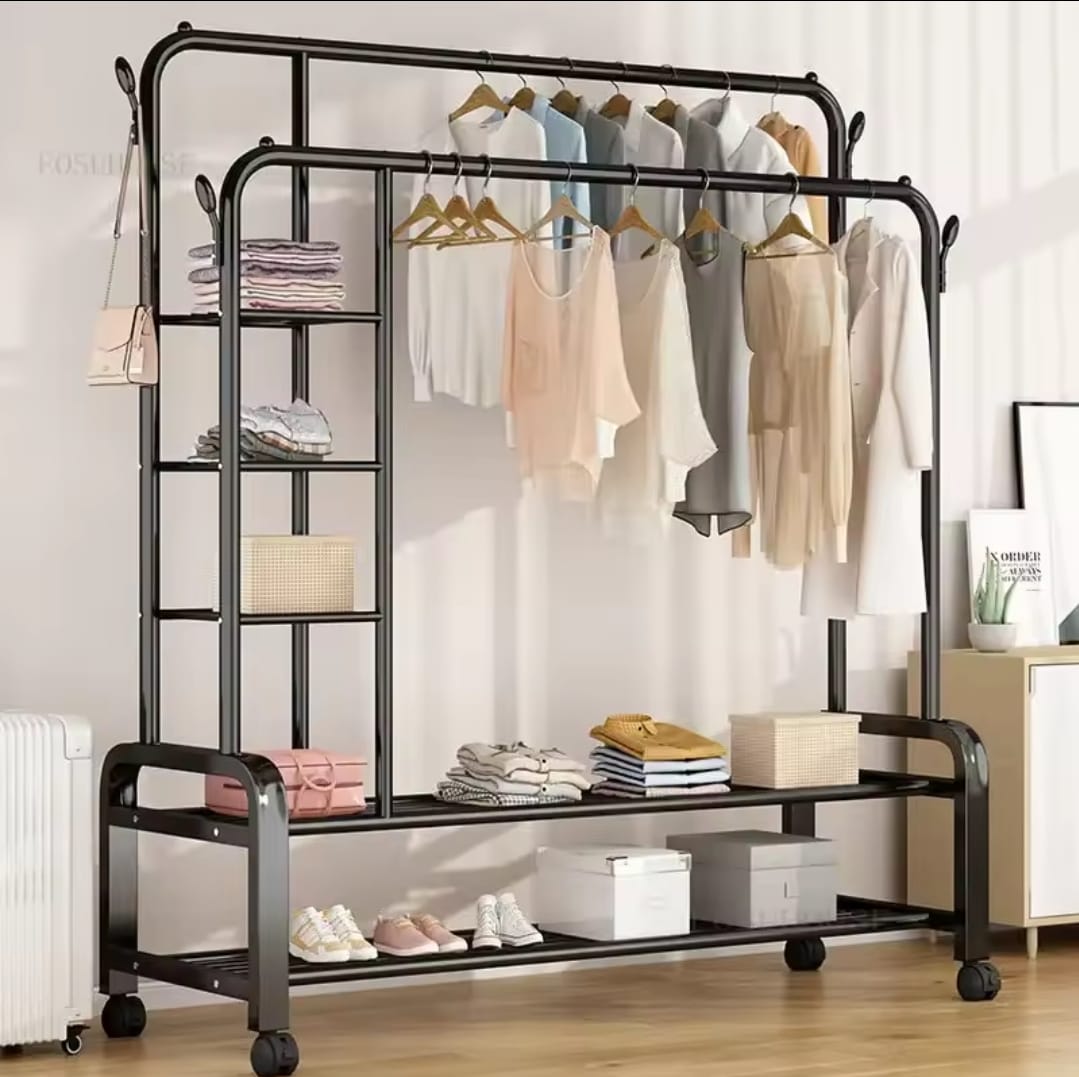 Double Layer Garment Rack Floor Standing Clothes Hanger