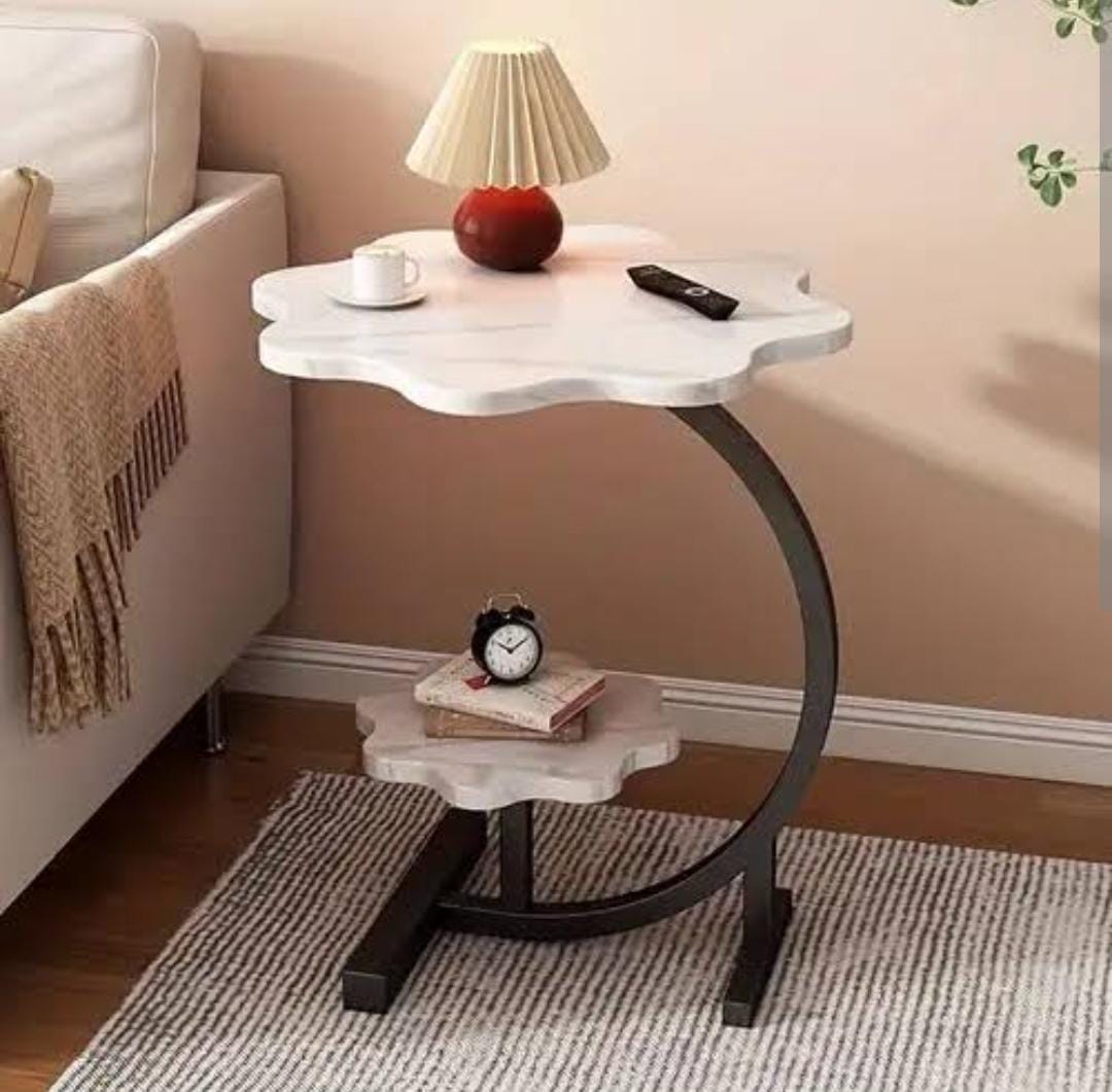 2 Layers Flower Shape Marble pattern Texture Small C-Shaped Side Table