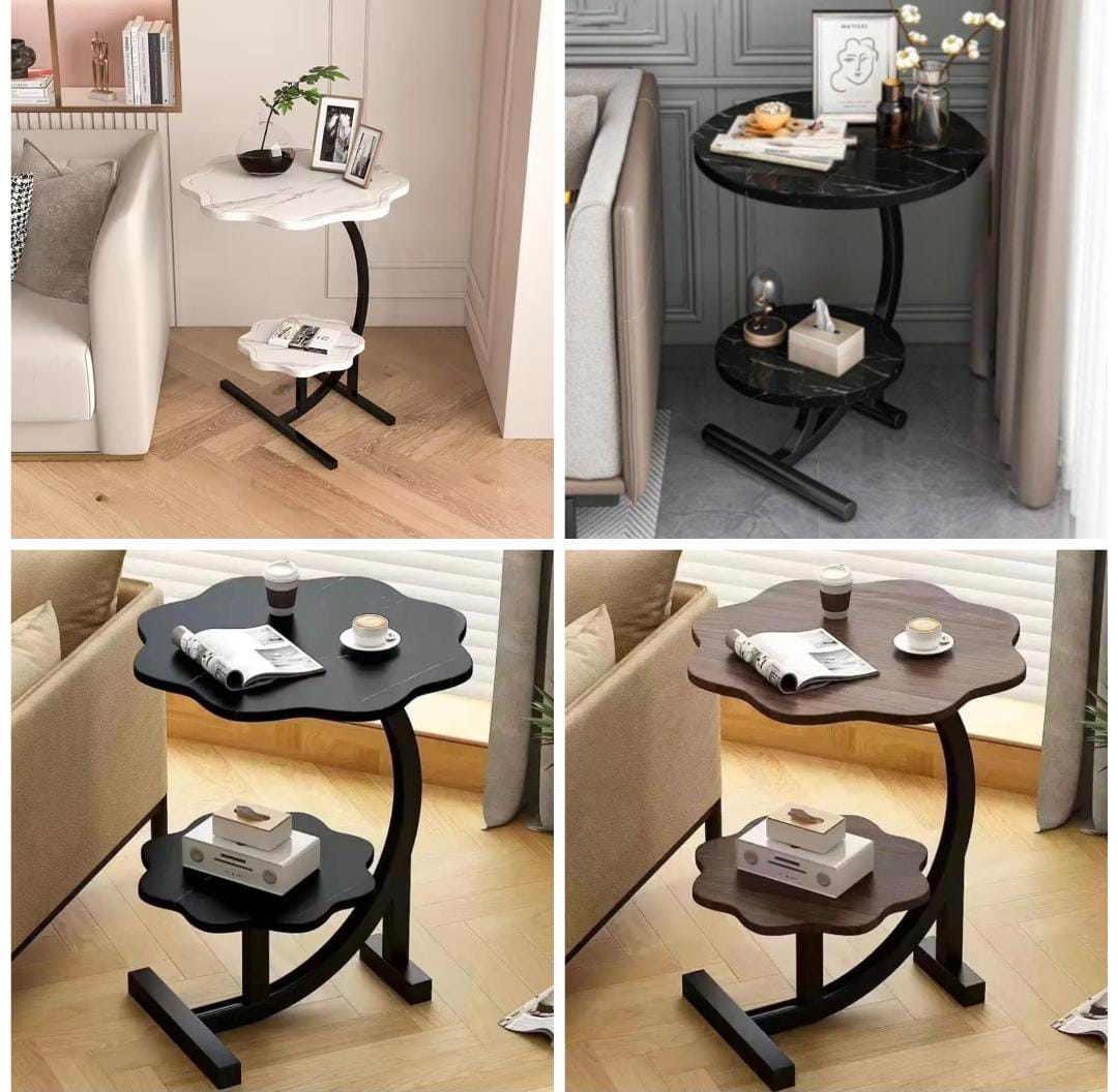 2 Layers Flower Shape Marble pattern Texture Small C-Shaped Side Table
