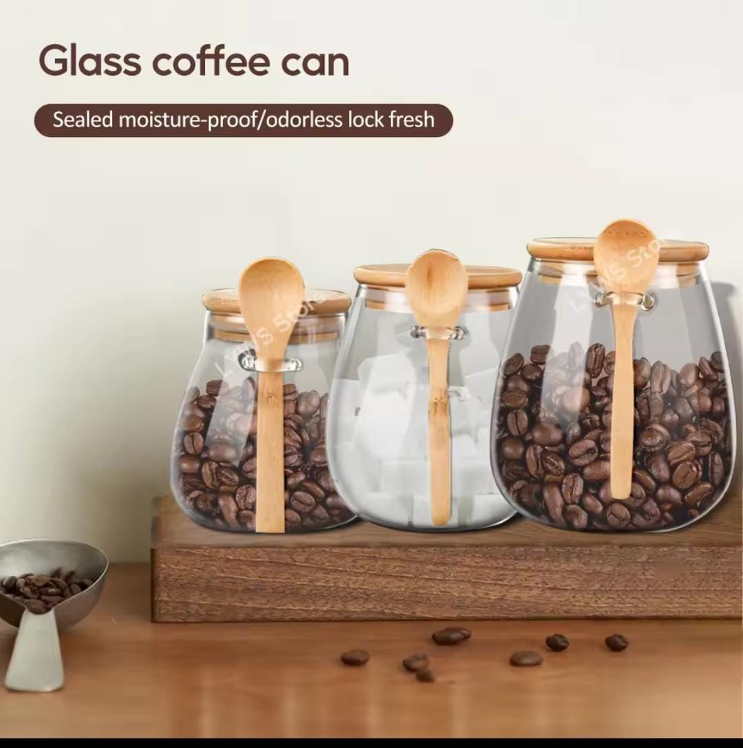 Glass storage canisters with Bamboo spoon and airtight lid.