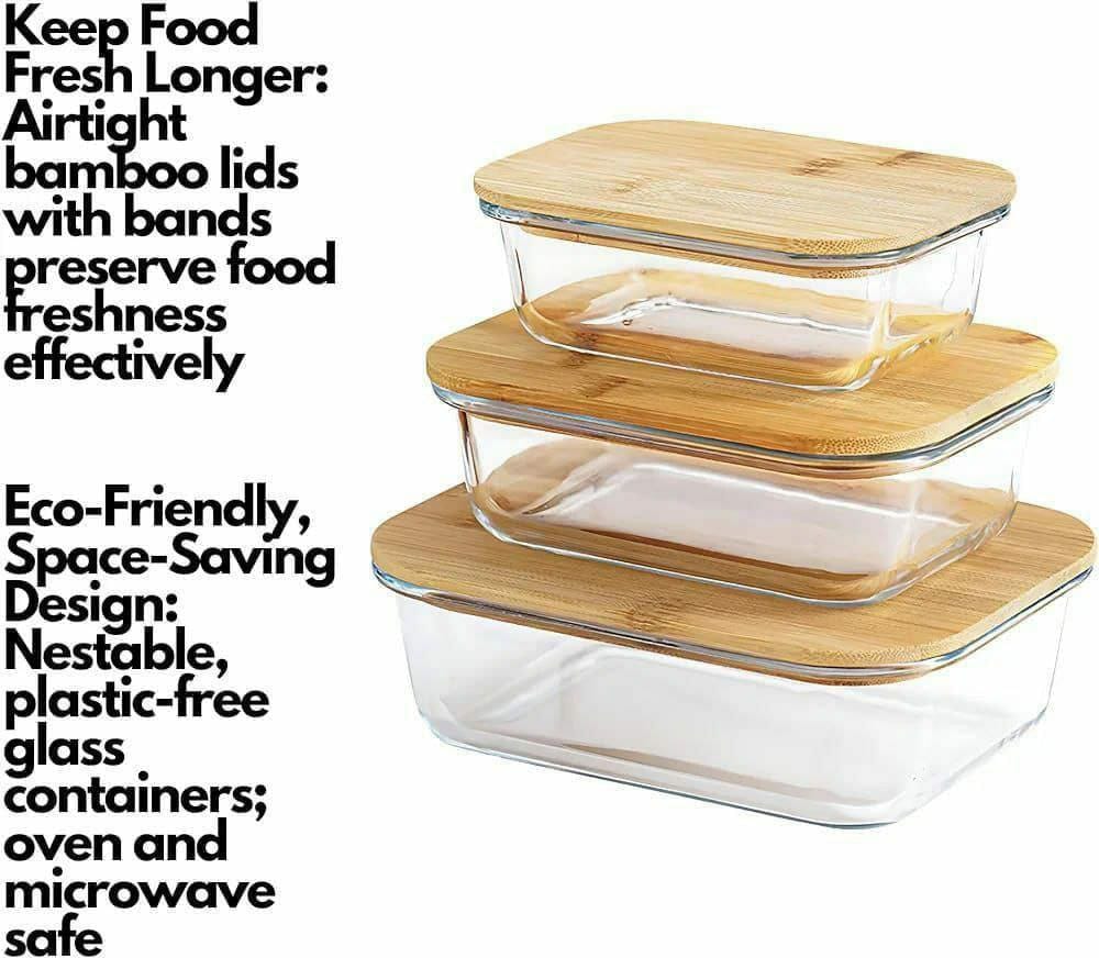 3pcs glass bowl storage container with bamboo lid