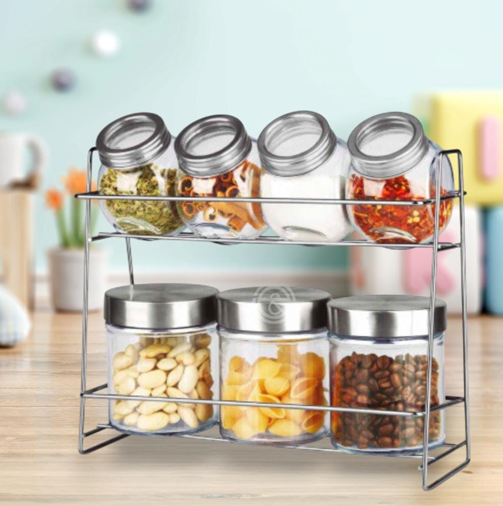 Set of 7 glass jars for spices or food. They have an airtight lid. Stainless steel lids. Dishwasher safe. Hard and resistant glass. Ideal for storing spices, food, sweets, cookies, etc.