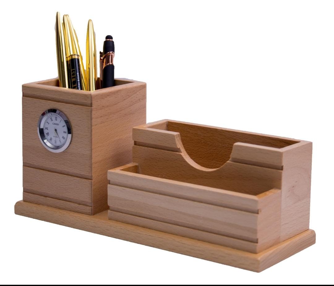 Wooden desk organiser with clock