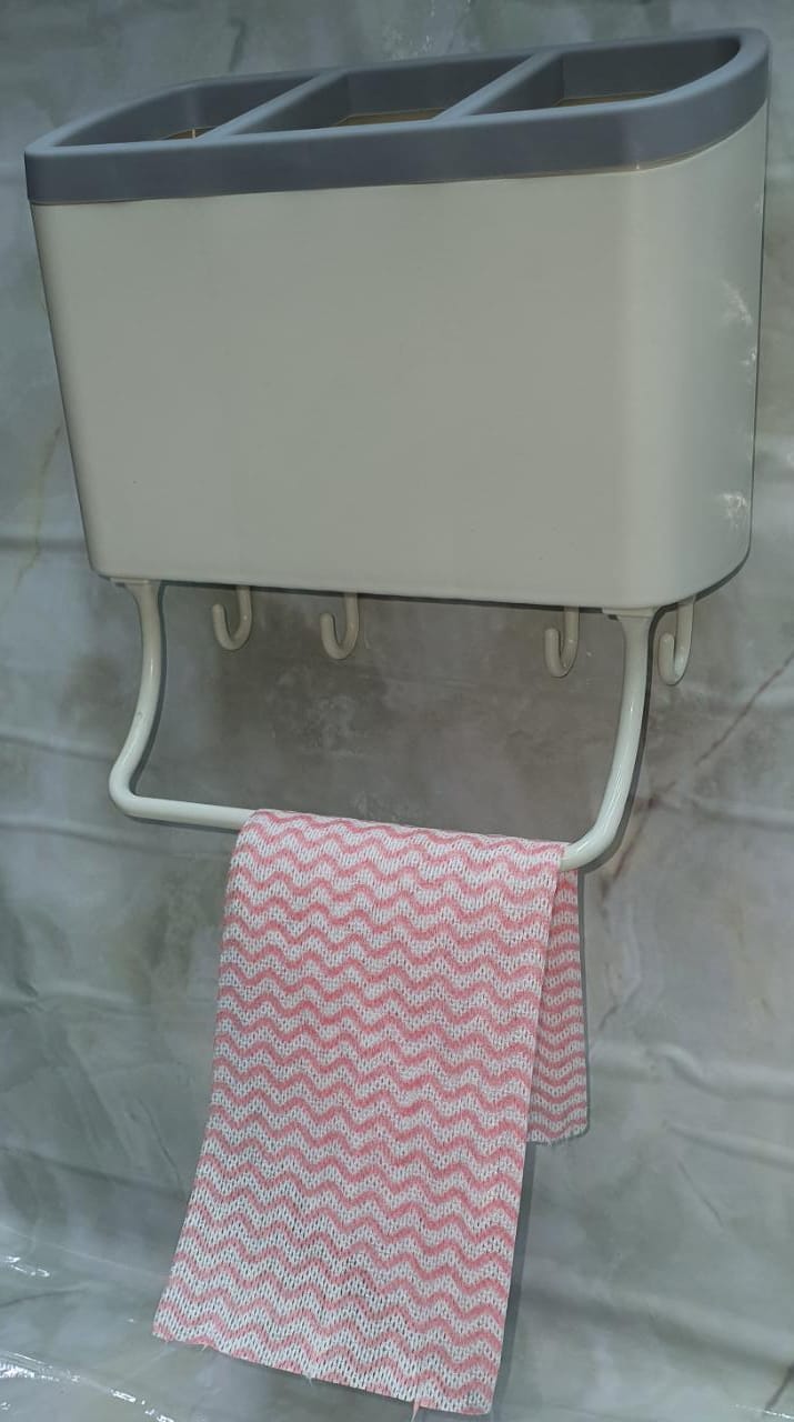 Multipurpose 3 slot drainer with 4 hooks and towel holder