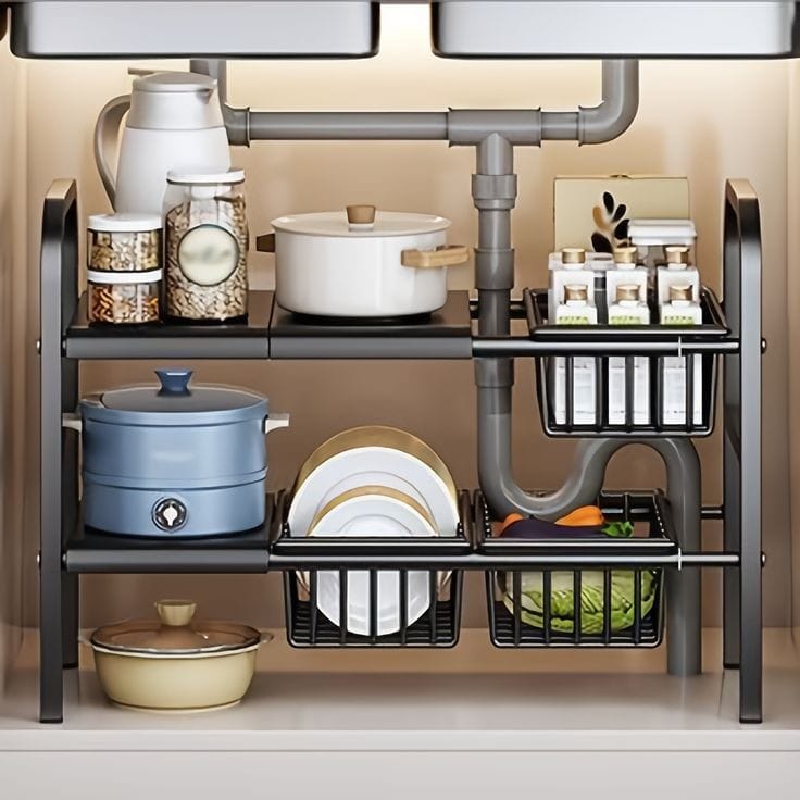 Under the sink adjustable 2 tier rack
