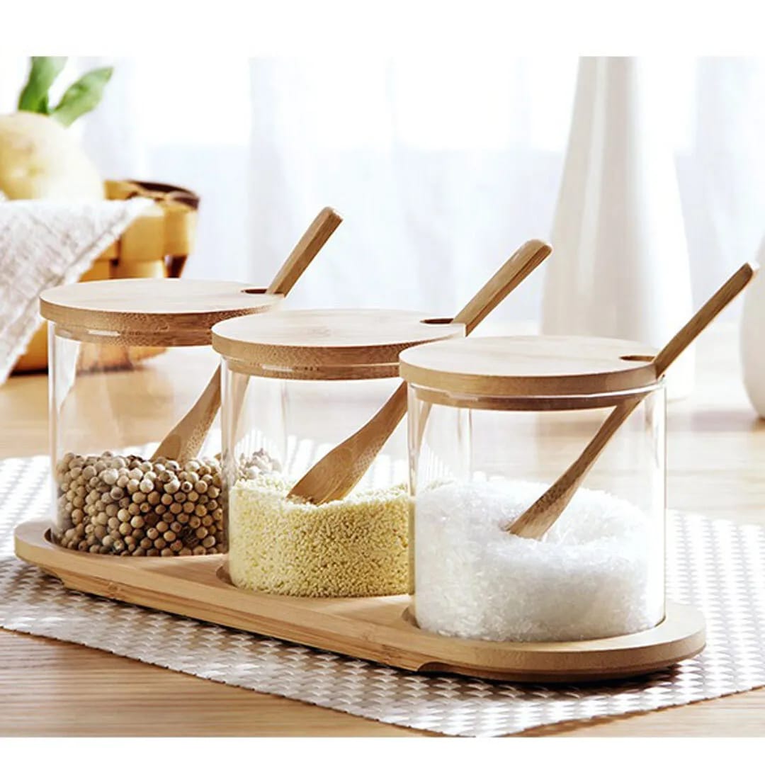 High quality 3in1 glass sugar set with bamboo stand, lids and spoons