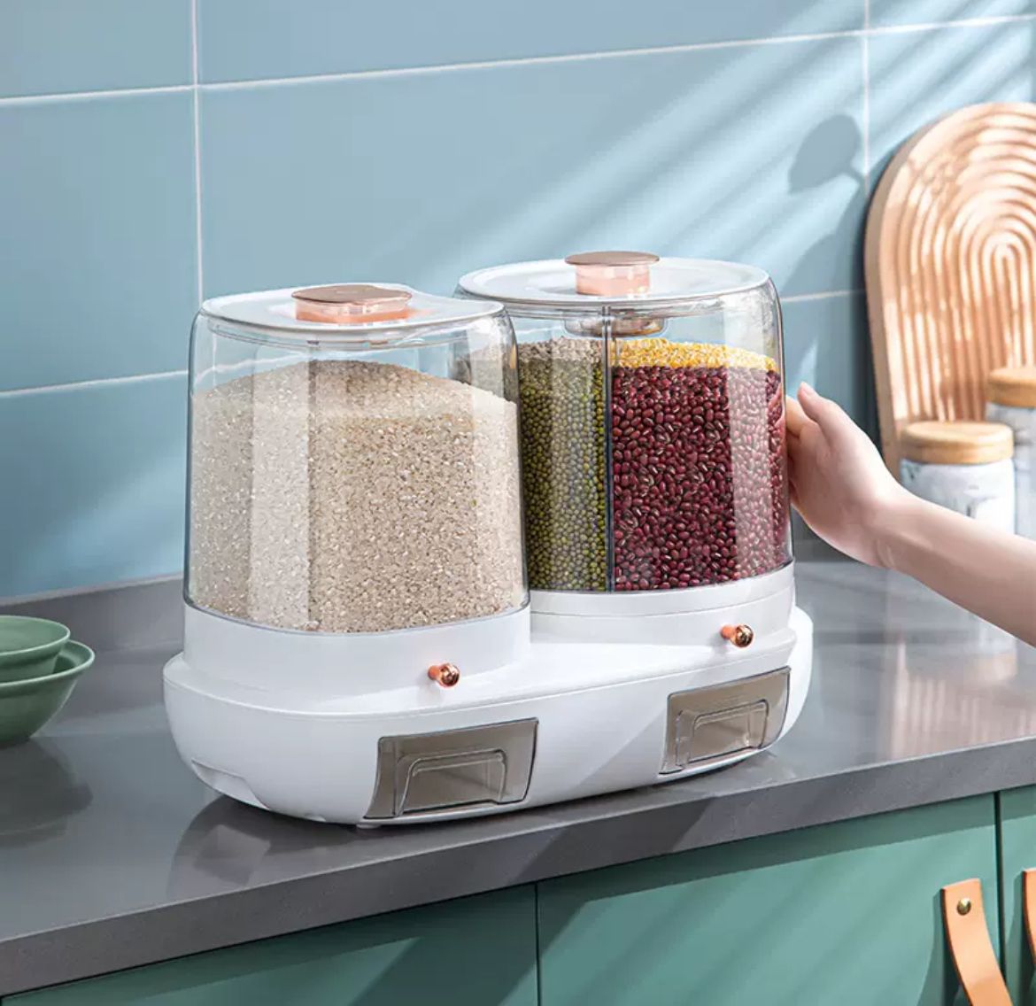 Rotatable grain storage box with compartments
sealed, insect-proof and moisture-proof, rice storage box, rice jar, rice bucket for home use
