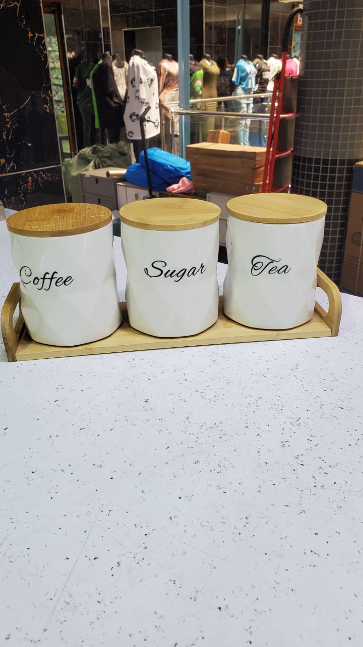 3Pcs Ceramic Canisters Set with Bamboo Stand