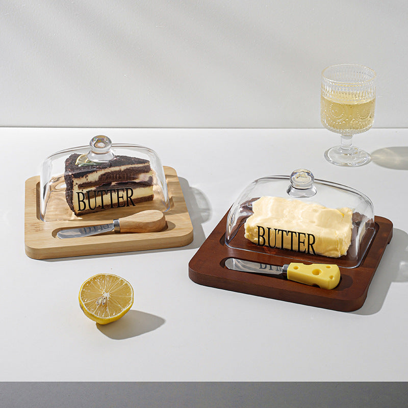 Glass butter dish with bamboo tray