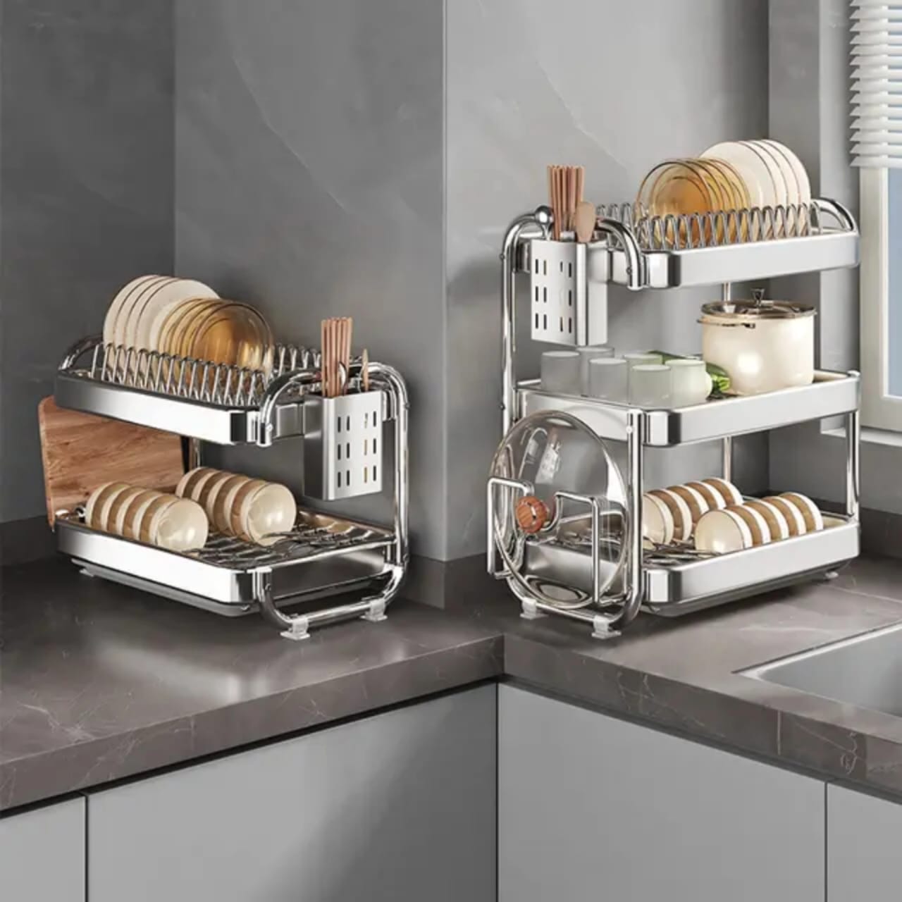 201ss Material 2-Tier Kitchen Chrome plated Dish Rack with drain tray