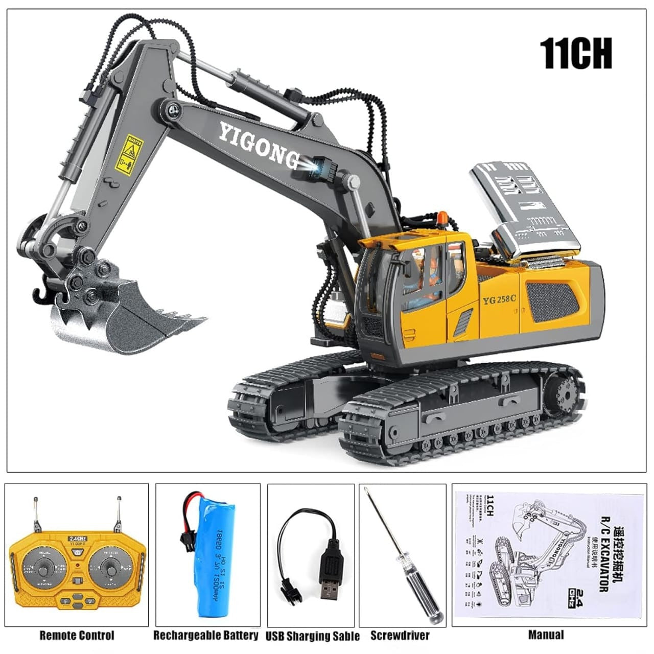 Rechargeable remote controlled excavator with a metallic arm