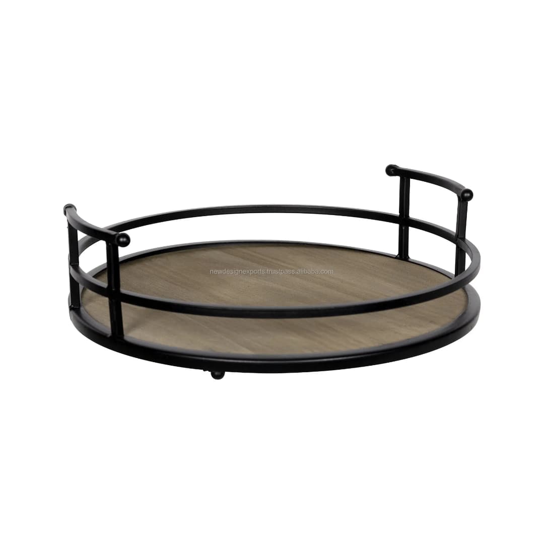 Home Decor Rustic Modern Metal and Wood Round Counter Tray