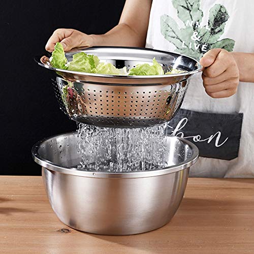 26cm 4PCS Set 304 colander Stainless Steel Bowl with Lid, Kitchen Cooking Salad Mixing Bowls Set Washing Drain Basket Soup Basin Strainer