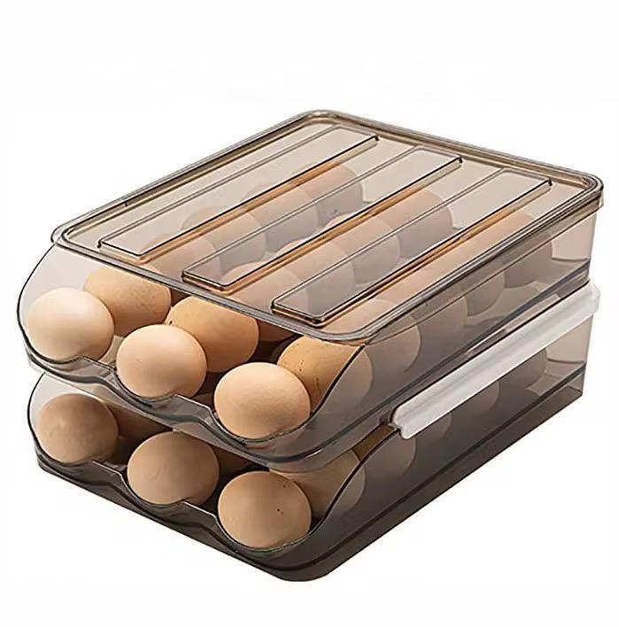 2 layer stackable automatic rolling fridge egg organizer