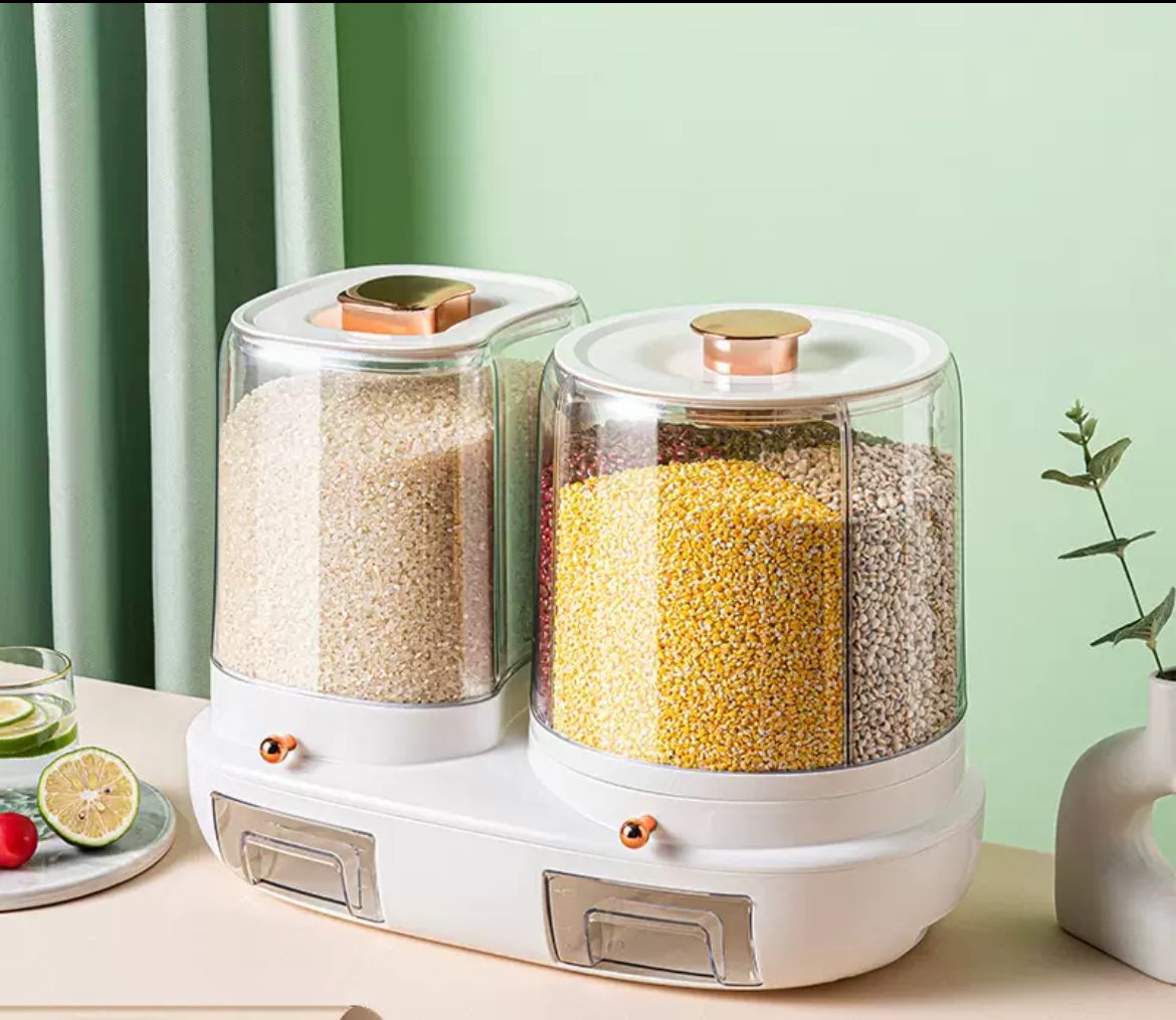Rotatable grain storage box with compartments
sealed, insect-proof and moisture-proof, rice storage box, rice jar, rice bucket for home use
