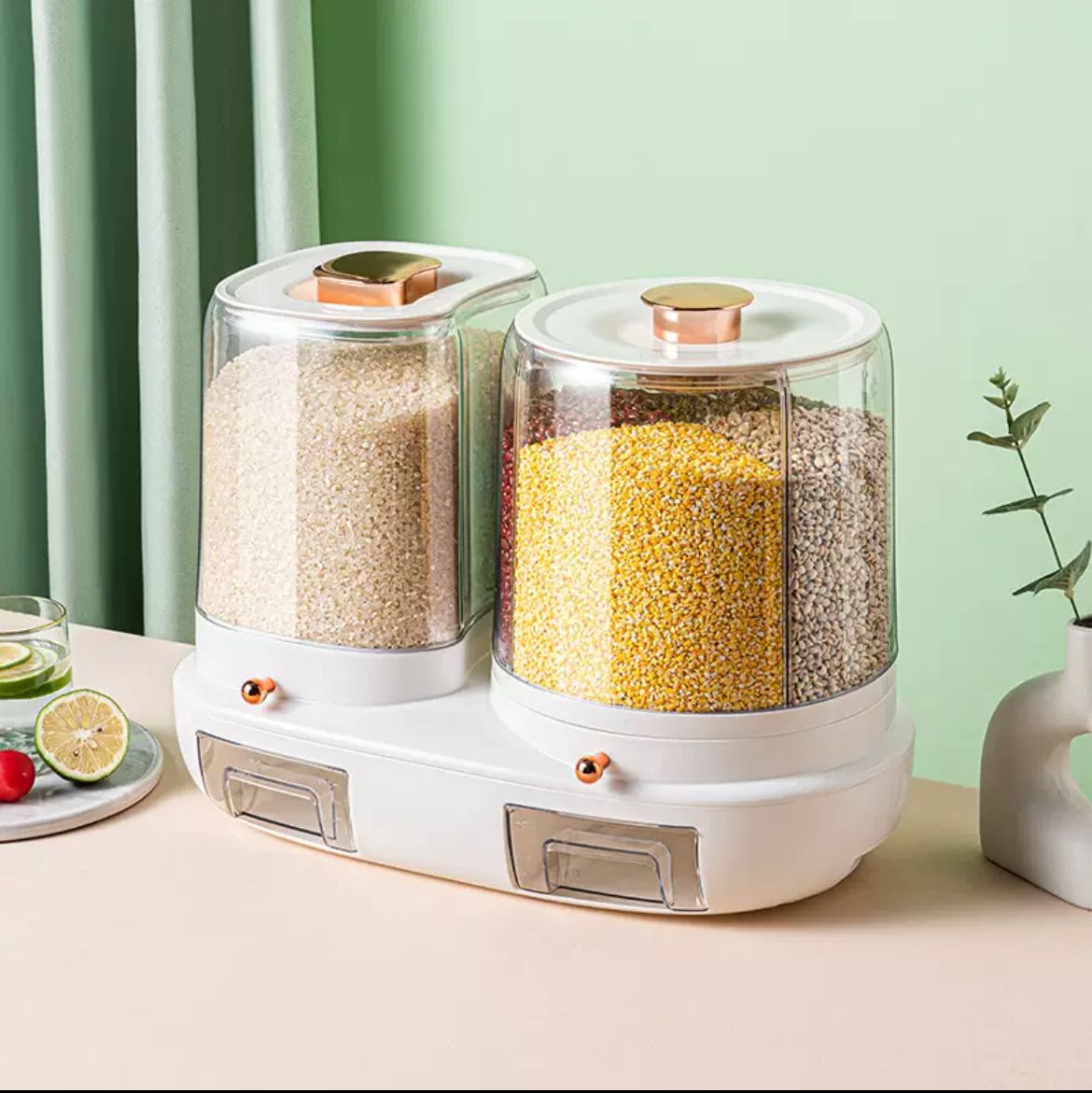 Rotatable grain storage box with compartments
sealed, insect-proof and moisture-proof, rice storage box, rice jar, rice bucket for home use