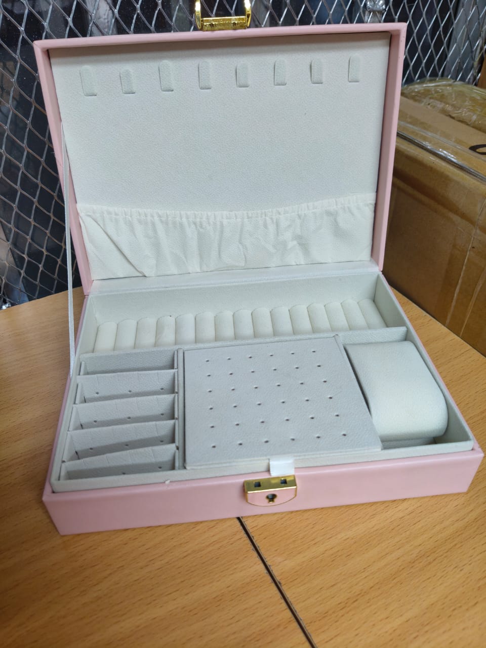 Elegant Pink Leather Jewelry Organizer Box Multi-Compartment Display Case