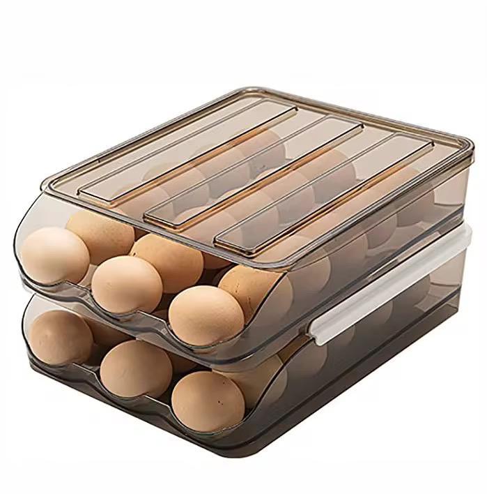 2 layer stackable automatic rolling fridge egg organizer