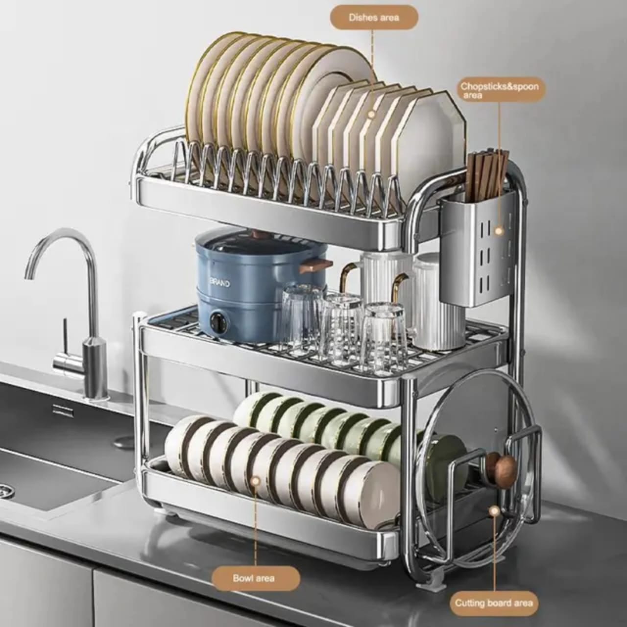 201ss Material 3-Tier Kitchen Chrome plated Dish Rack with drain tray