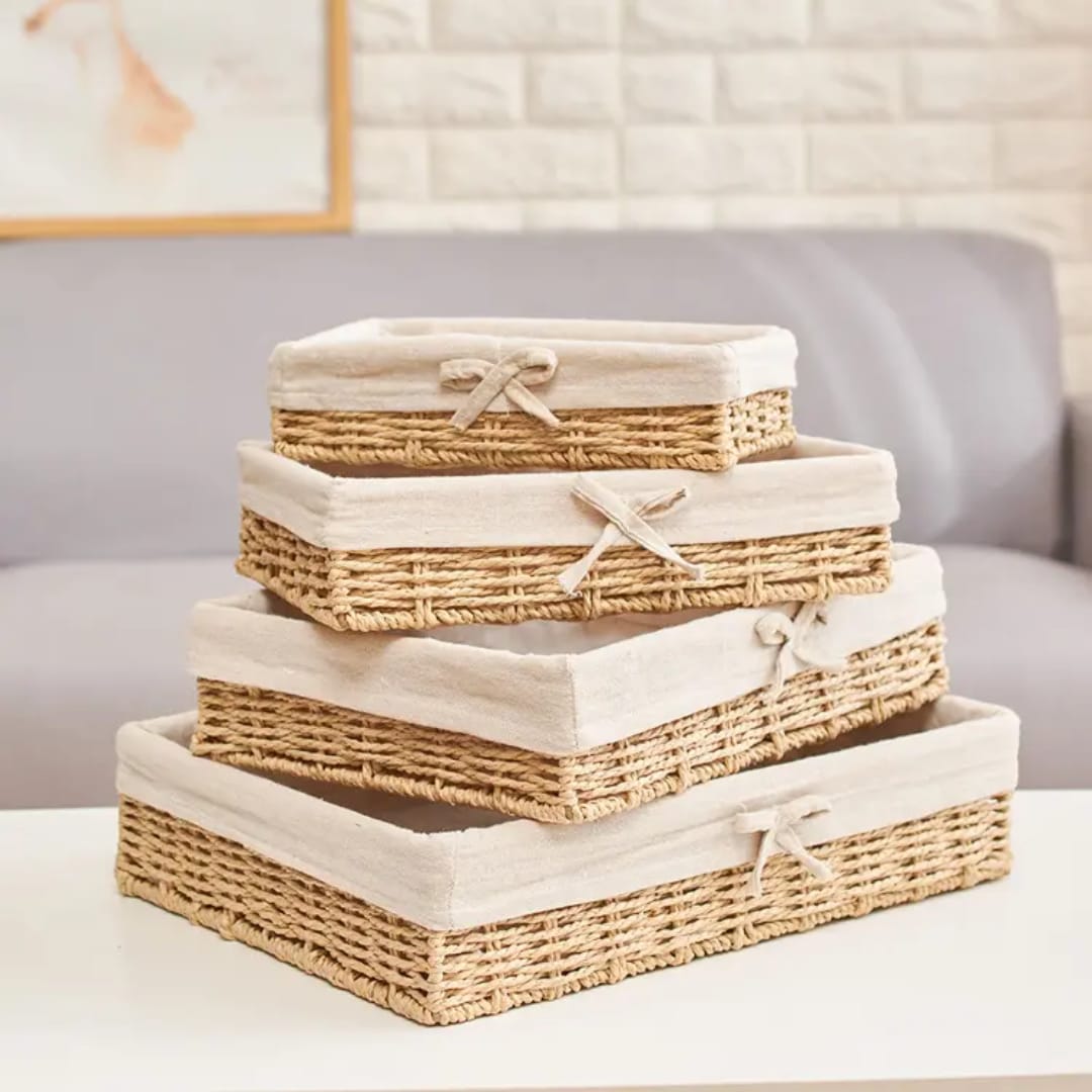 Rustic Woven Storage Basket Set with Fabric Lining (4pcs)