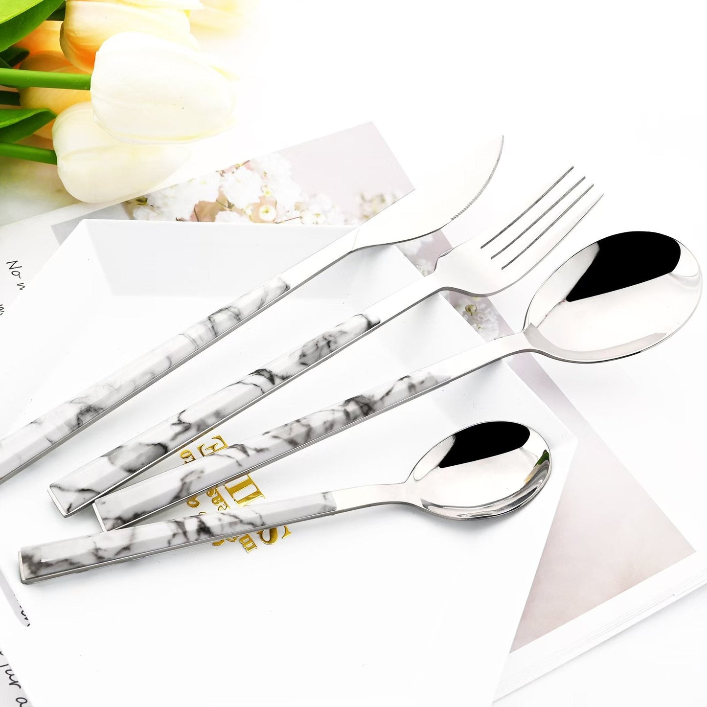 24pcs Silver Marble Cutlery Set