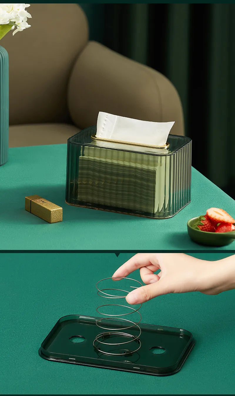 Minimalist tissue box with inbuilt spring