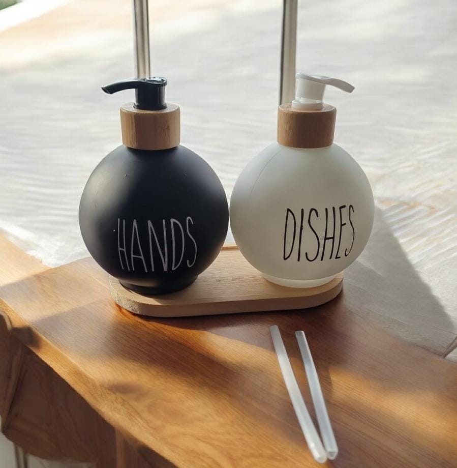 3in1 HANDS - DISHES, SOAP - LOTION branded and unbranded Refillable ceramic s bottle with bamboo base