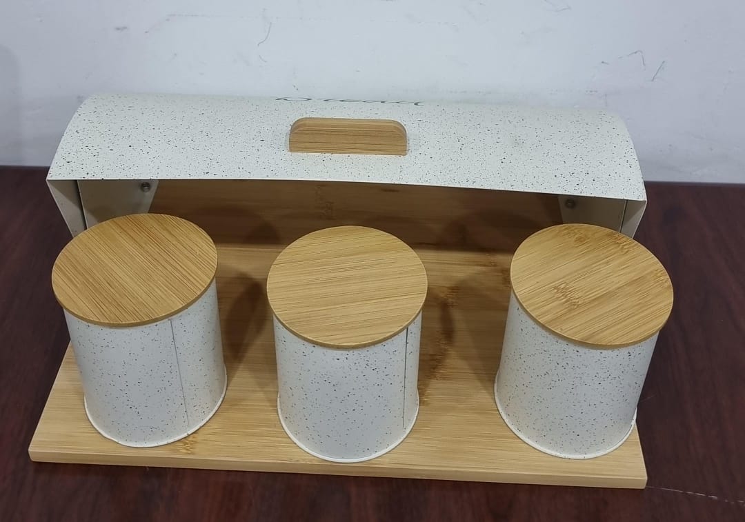 Bamboo base semi circular Flip bread bin 12L with 3 canisters each 600ml with bamboo lid
