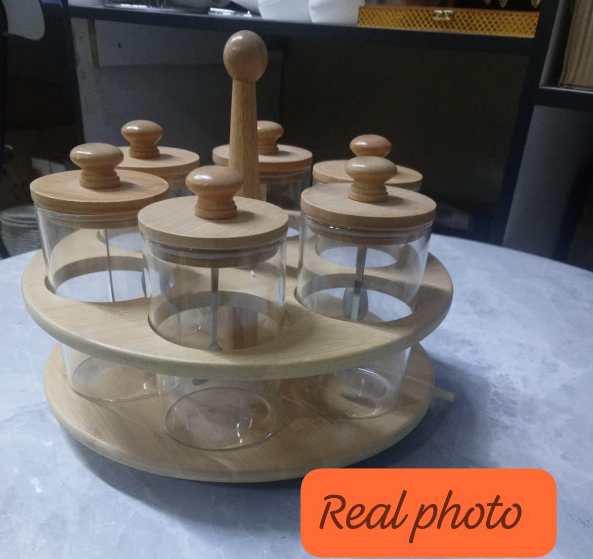 6 in 1 Rotating spice rack with spoon /Seasoning set with Bamboo stand