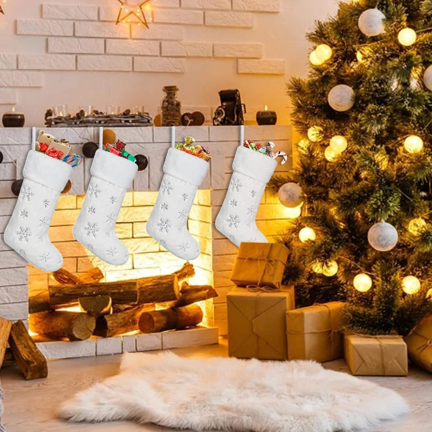 4 Pack Christmas White Faux Fur Xmas socks with Silver Sequin Snowflakes