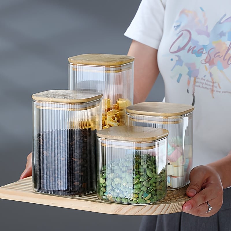 3pc Ribbed Glass Bamboo Lid storage jars