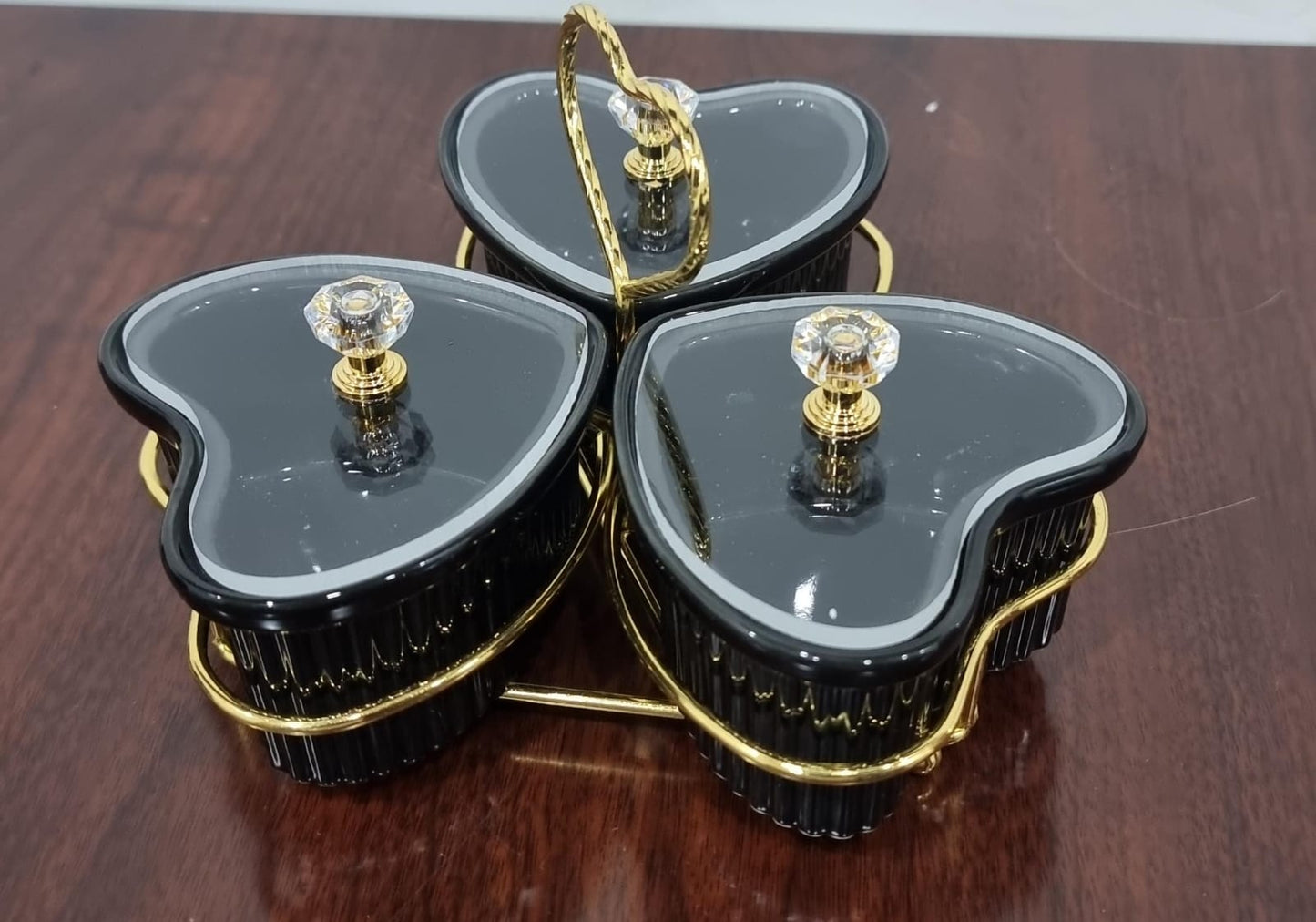 Set of 3 ceramic love shape sugar bowls acrylic lids on gold metal rack
