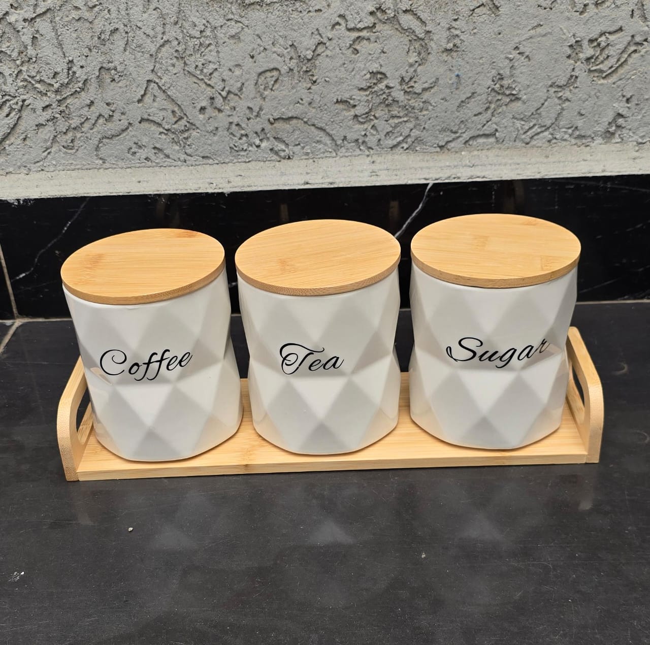 3Pcs Ceramic Canisters Set with Bamboo Stand