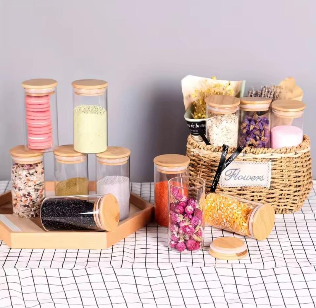 Glass spice jars with airtight bamboo lid 460ml 4pc set