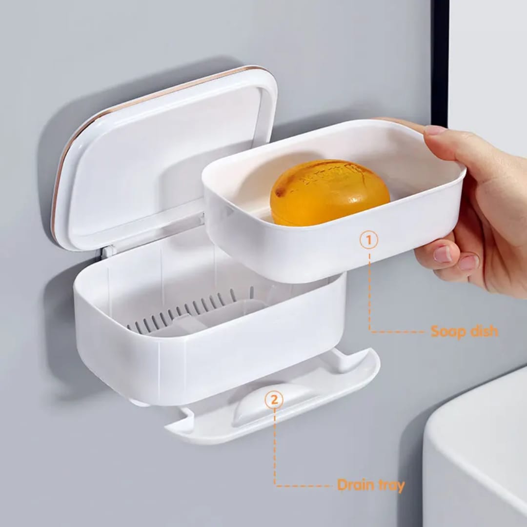 Wall-mounted soap dish with a lid and draining tray