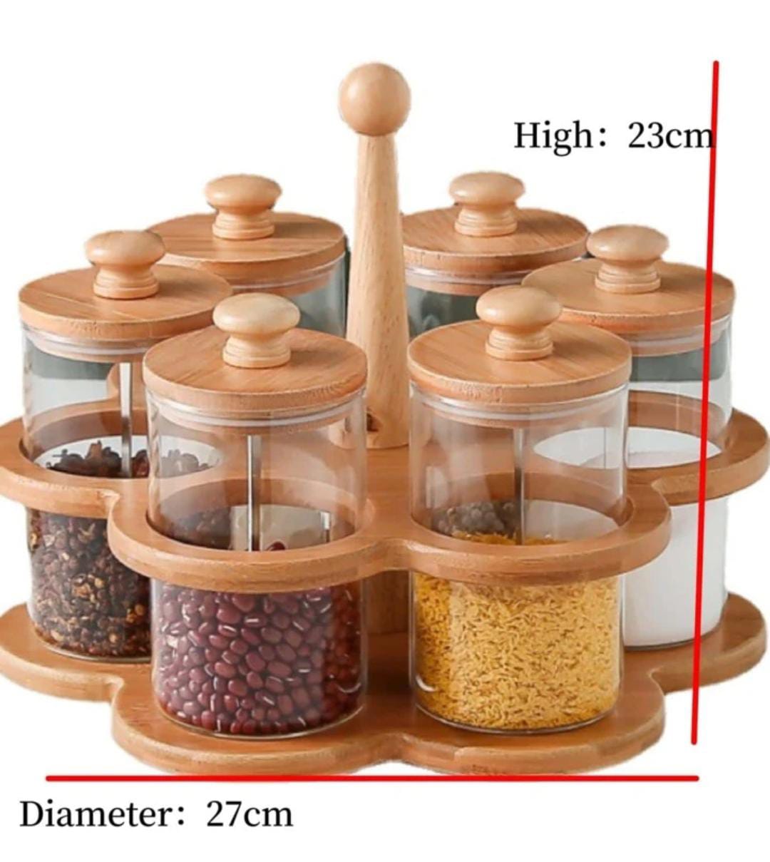 6 in 1 Rotating spice rack with spoon /Seasoning set with Bamboo stand