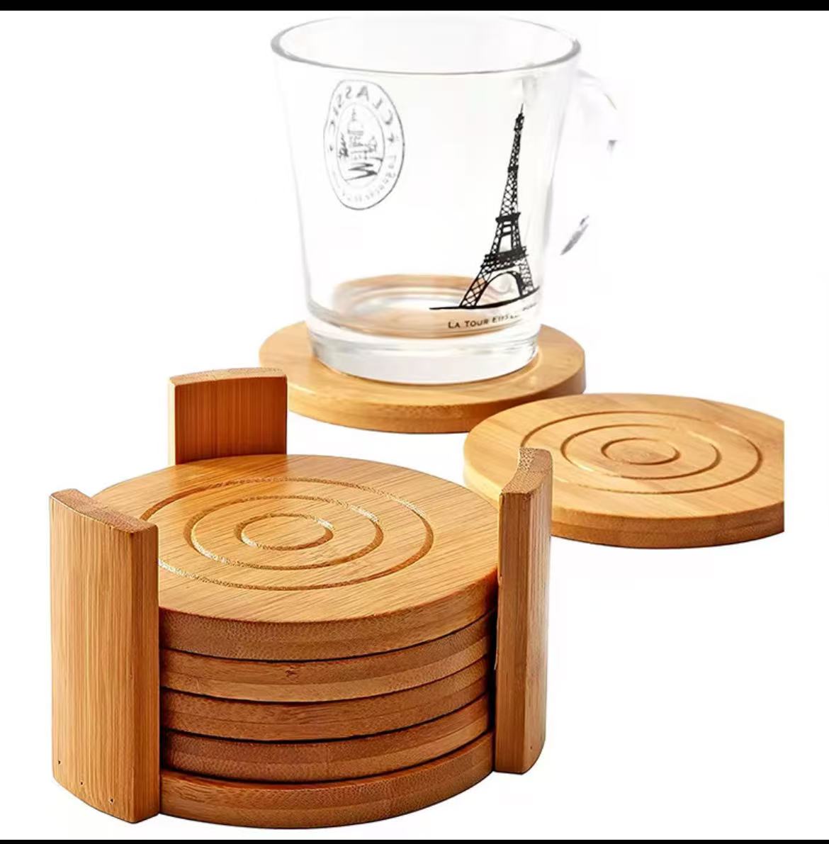 6PCS Round Bamboo Coaster Set