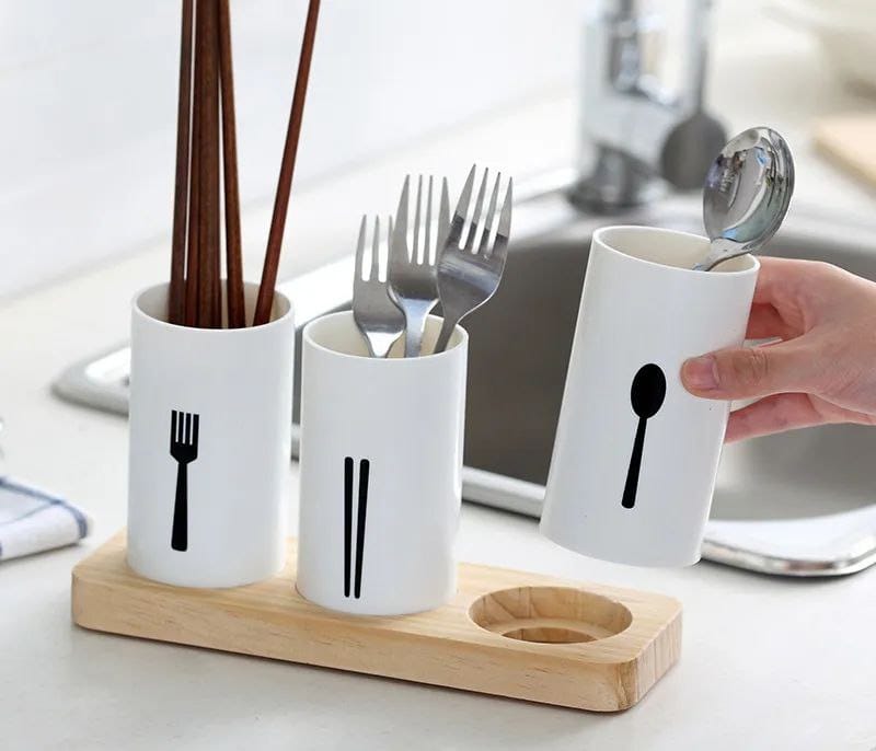 3pc cutlery organizer with oak base