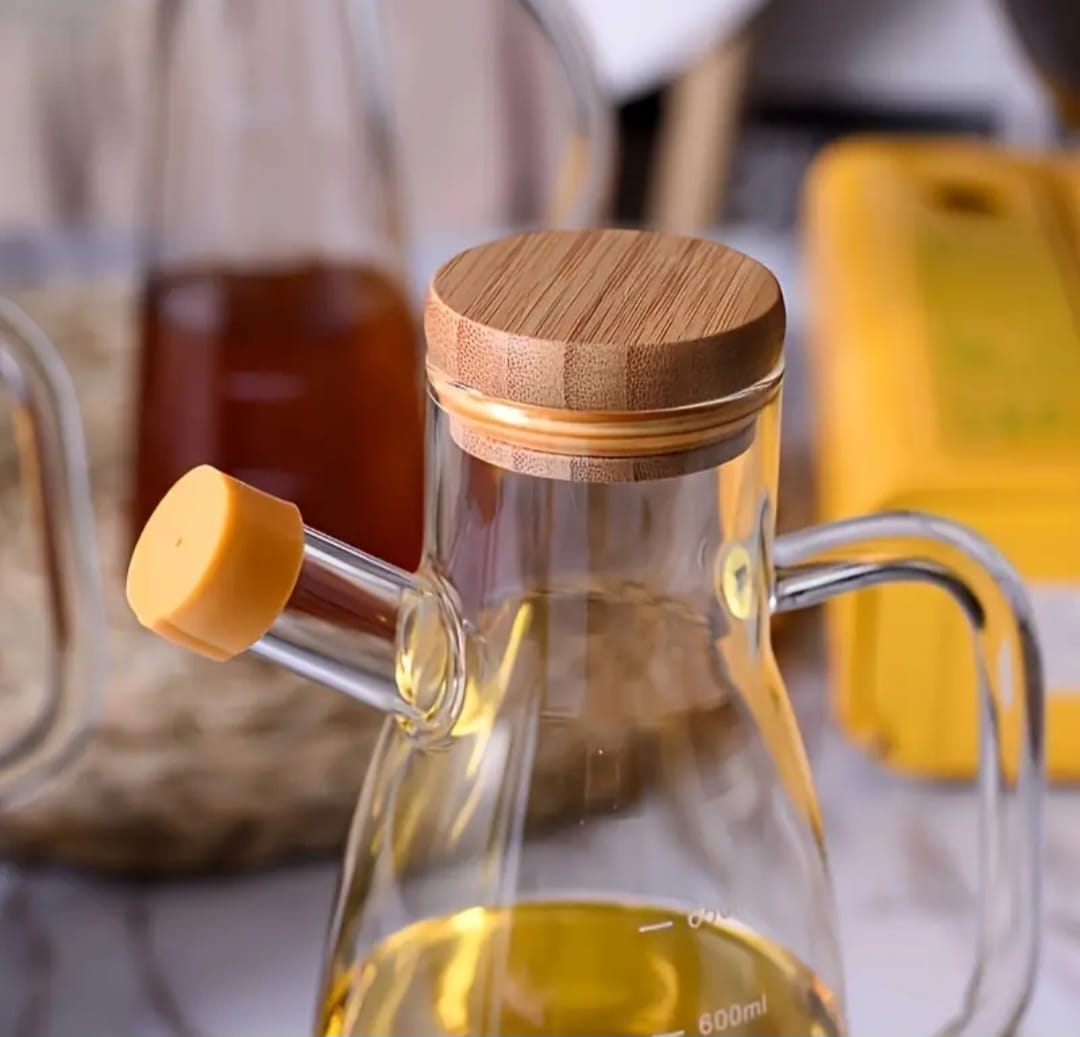 Transparent Glass Oil jar with Handle and bamboo lid