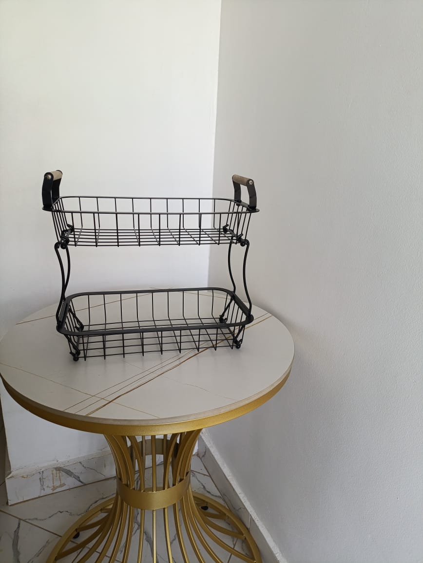2 Tier Detachable Nordic metallic fruit/vegetable basket/rack with wooden handles and banana holder