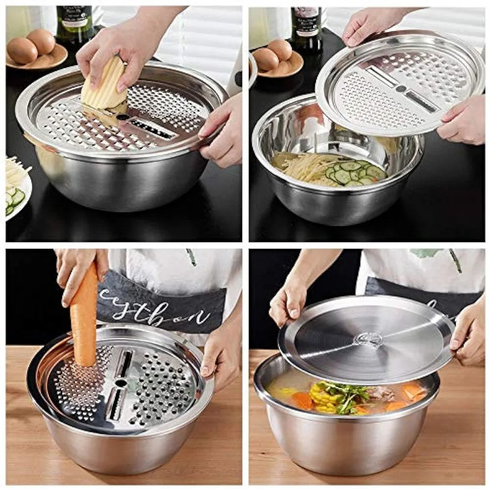 26cm 4PCS Set 304 colander Stainless Steel Bowl with Lid, Kitchen Cooking Salad Mixing Bowls Set Washing Drain Basket Soup Basin Strainer