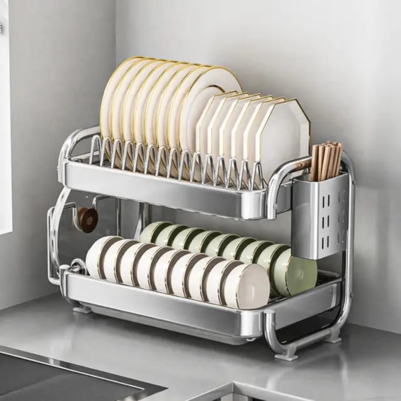 201ss Material 2-Tier Kitchen Chrome plated Dish Rack with drain tray