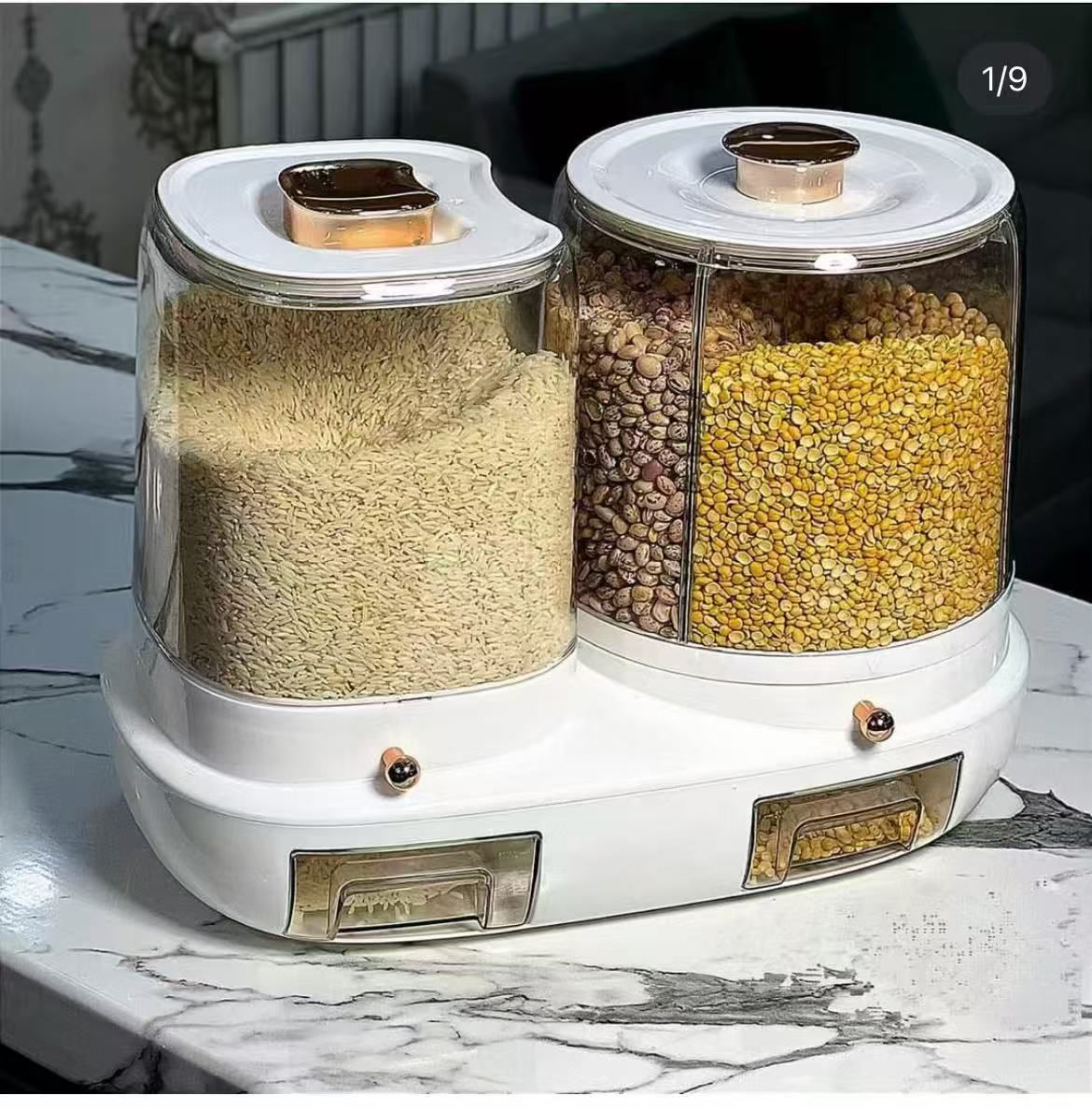 Rotatable grain storage box with compartments
sealed, insect-proof and moisture-proof, rice storage box, rice jar, rice bucket for home use