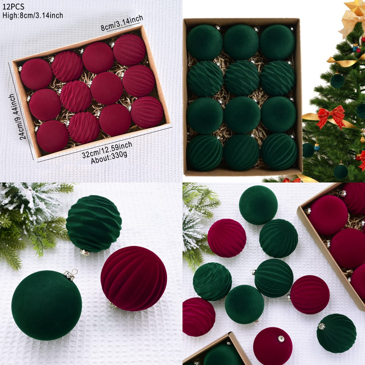 12PCS 8CM VELVET CHRISTMAS BALLS